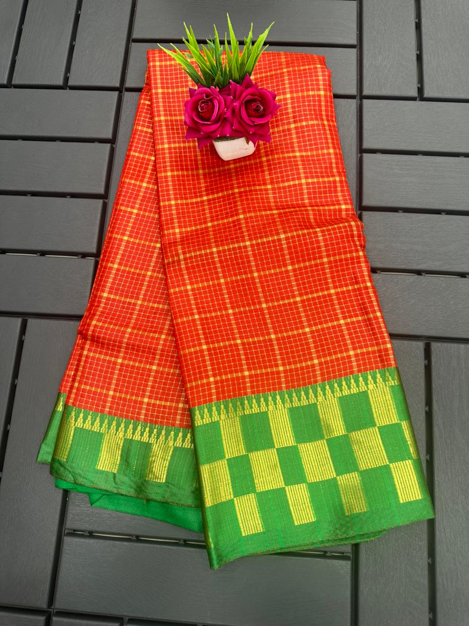 Aab Checks Pattern Printed Kanchipuram Silk Sarees